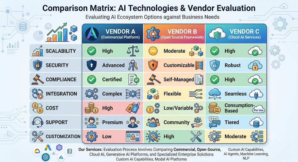 Comparison matrix scoring three vendor types - commercial platform, open-source framework and cloud AI services - on scalability, security, compliance, integration, cost, support and customization.