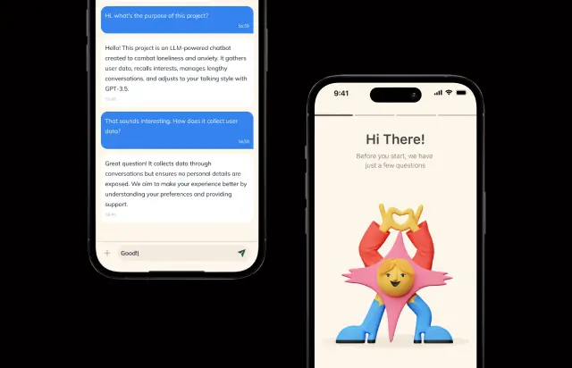 Chat explaining how the companion uses and protects user data, next to the onboarding greeting with the star character