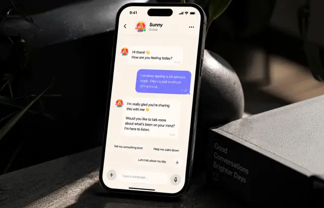 Chat screen where the AI friend asks how the user is feeling, answers a stressful day with warmth and offers suggested replies