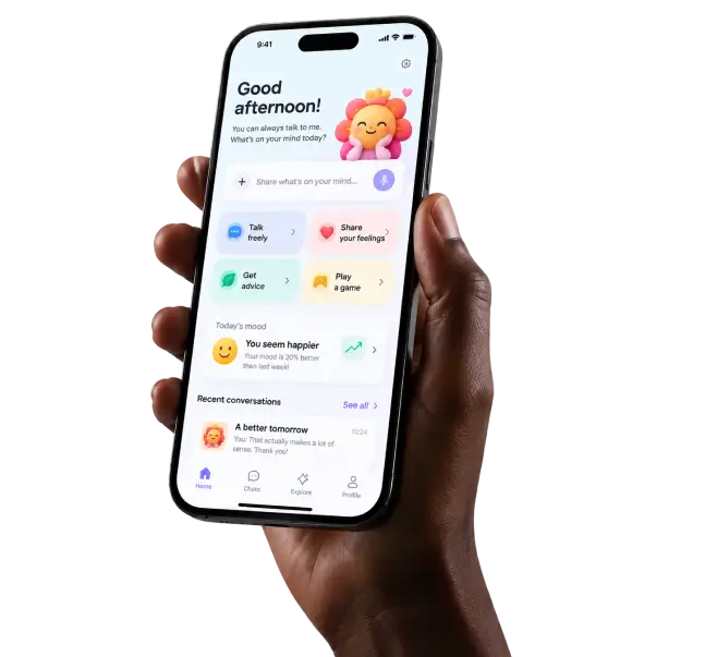 Phone in hand showing the companion app home screen with a cheerful mascot, quick actions, today's mood and recent conversations