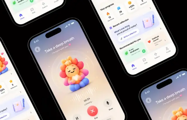 Voice conversation screen with a calm mascot and a listening timer, next to a progress screen with reflections and recommendations