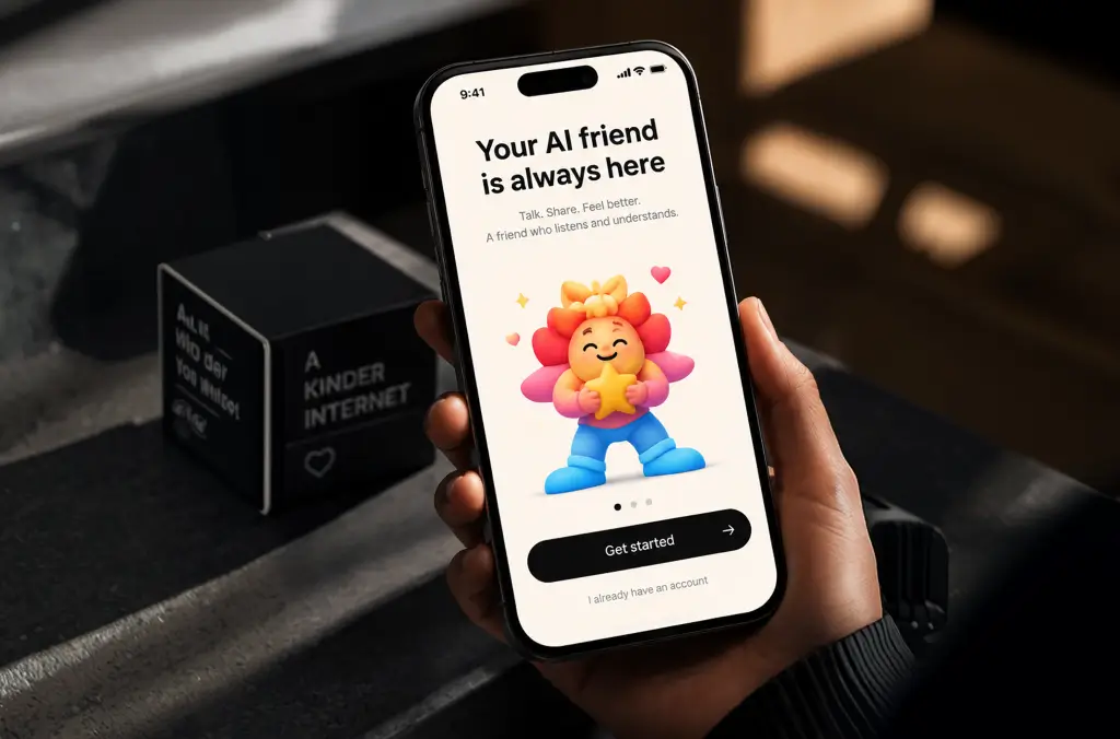 Phone in hand showing the welcome screen of the companion app with a smiling mascot hugging a star and a get started button