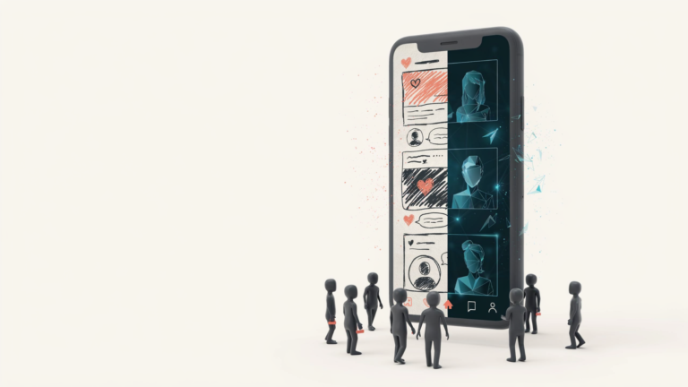 Illustration of a giant smartphone split between a hand-drawn social feed and AI-generated faces, with small figures watching from below