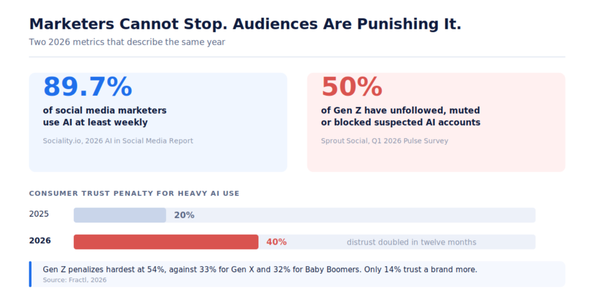Chart: 89.7% of marketers use AI weekly, 50% of Gen Z block suspected AI accounts, and distrust of heavy AI use doubled from 20% to 40%