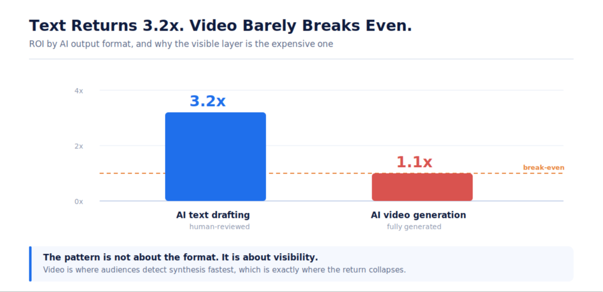 Bar chart: human-reviewed AI text drafting returns 3.2x ROI while fully generated AI video returns 1.1x, barely above break-even