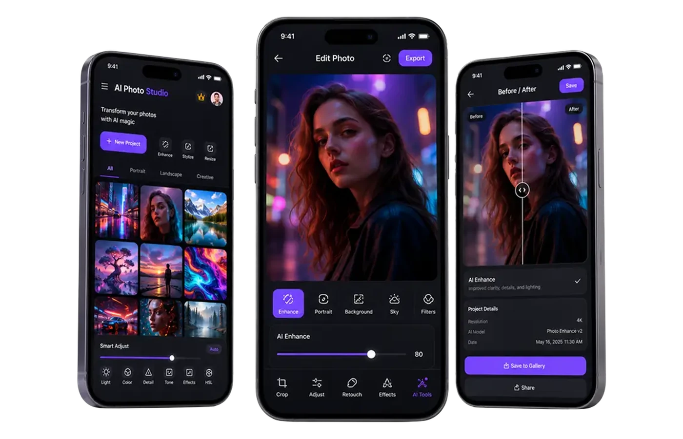AI photo editing app screens