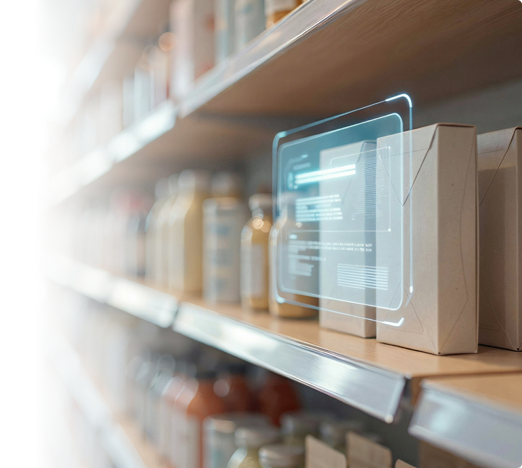 A retail store aisle in shallow focus, shelves stocked with bottles and cartons, and a translucent information panel floating in front of one product box showing lines of text and a chart