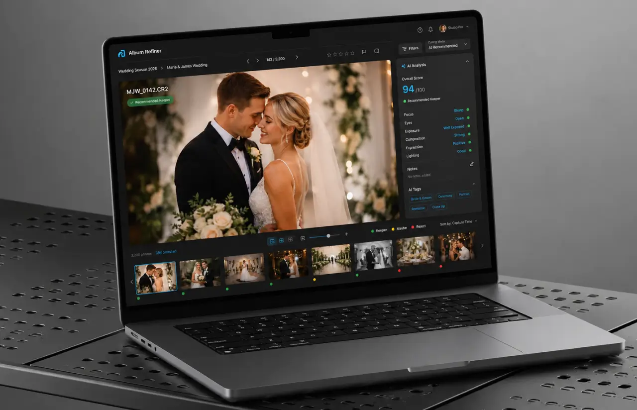 Laptop showing one wedding frame in Album Refiner with an AI Analysis panel scoring it 94 out of 100 and marking it a recommended keeper, with rows for focus, eyes, exposure, composition, expression and lighting, AI tags below, and a filmstrip of the shoot with keeper, maybe and reject dots