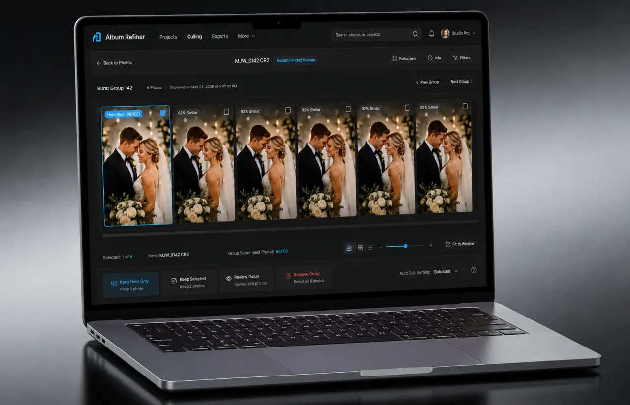 Laptop on a dark surface showing the Album Refiner burst group screen: six similar wedding frames with the hero shot scored 96 out of 100 selected, similarity labels on the rest, and the keep, review and remove actions along the bottom
