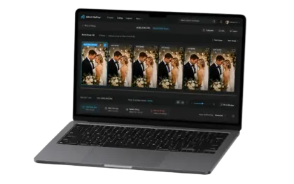 Laptop showing the Album Refiner culling screen: a burst group of six near-identical wedding frames, the first marked Hero Shot with a score of 96 out of 100 and the rest labelled 92% similar, with actions to keep the hero only, keep selected, review the group or remove it