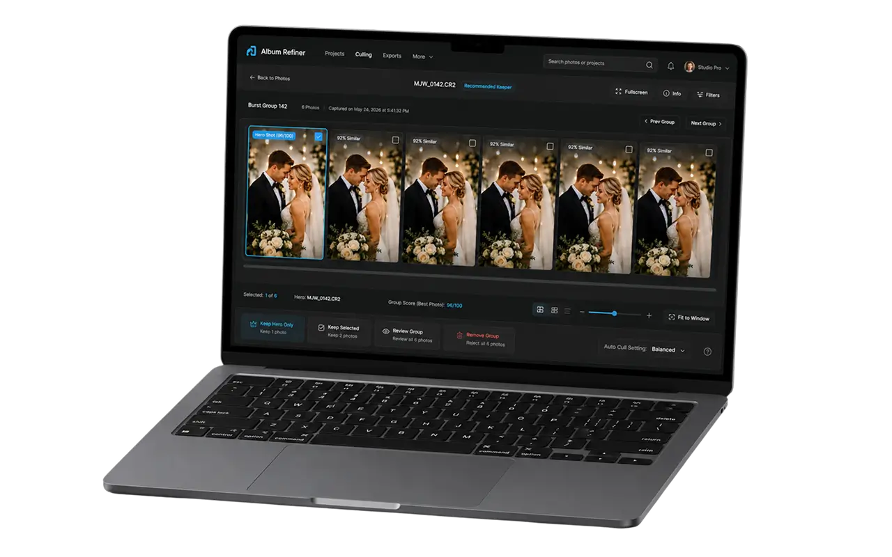 Laptop showing the Album Refiner culling screen: a burst group of six near-identical wedding frames, the first marked Hero Shot with a score of 96 out of 100 and the rest labelled 92% similar, with actions to keep the hero only, keep selected, review the group or remove it