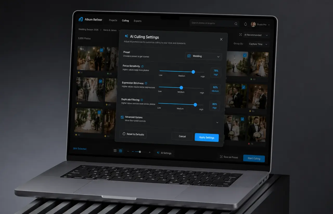 Laptop showing the AI Culling Settings dialog over a photo grid: a wedding preset selected, with sliders for focus sensitivity at 75%, expression strictness at 60% and duplicate filtering at 80%, plus advanced options and a Start Culling action