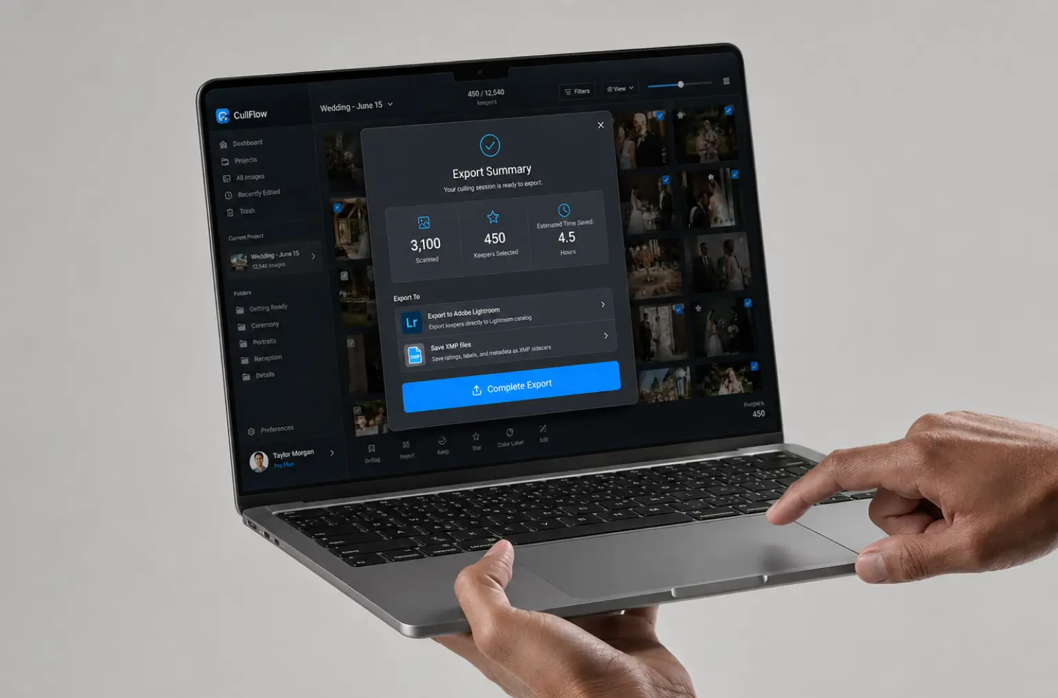 Hands holding a laptop showing the export summary of a culling session: 3,100 photos scanned, 450 keepers selected and an estimated 4.5 hours saved, with options to export to Adobe Lightroom or save XMP sidecar files
