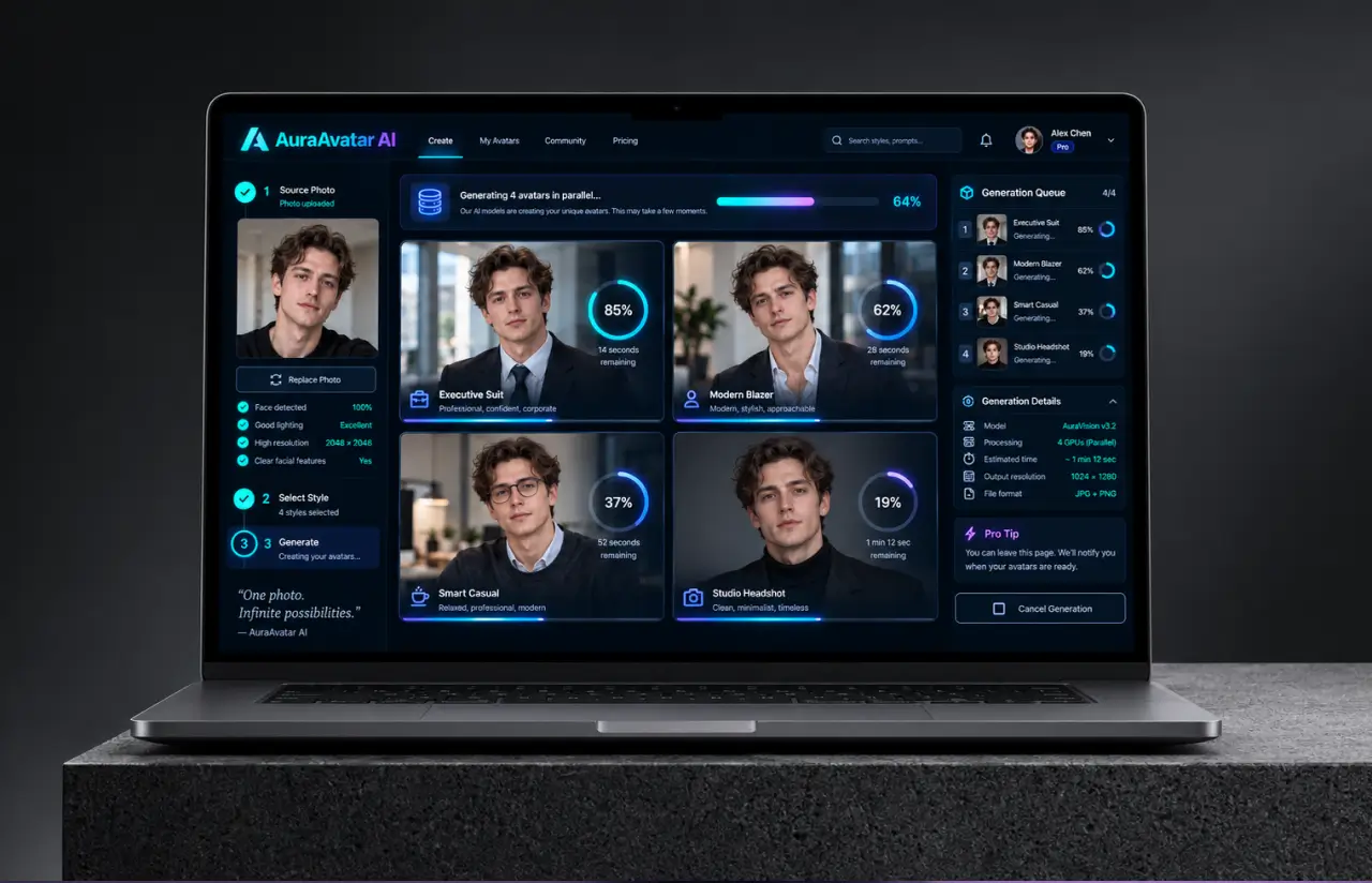 Laptop showing four avatars generating in parallel — executive suit, modern blazer, smart casual and studio headshot — each with its own progress ring and time remaining, beside the source photo checks and the generation queue