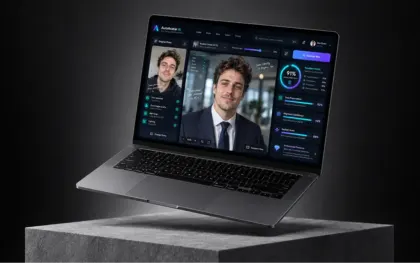 Laptop showing the avatar maker: the original photo beside a generated professional headshot on a realistic preset, with a 91% identity match score and readouts for face preservation, alignment confidence and realism