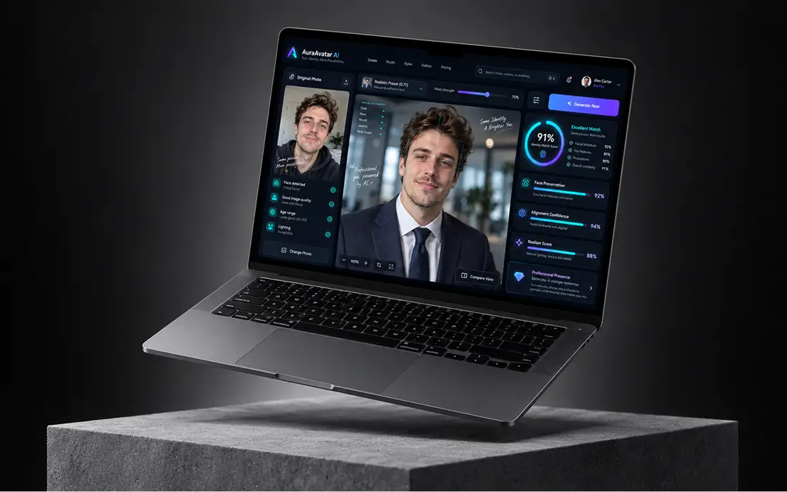 Laptop showing the avatar maker: the original photo beside a generated professional headshot on a realistic preset, with a 91% identity match score and readouts for face preservation, alignment confidence and realism