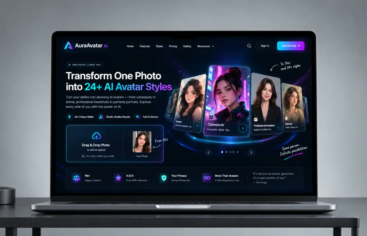 Laptop showing the product landing page headed Transform One Photo into 24+ AI Avatar Styles, with a carousel of anime, cyberpunk, professional headshot and painterly examples, a drag and drop upload area and trust figures