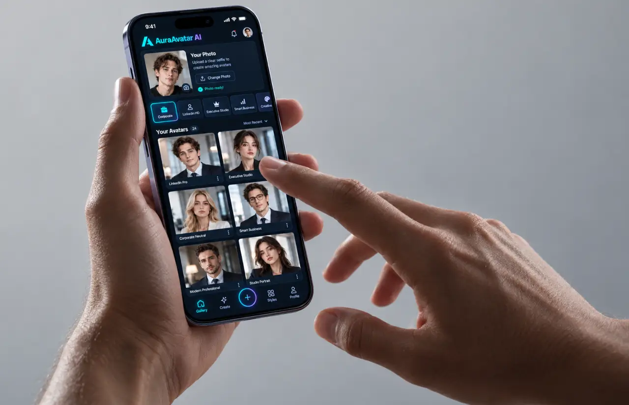 A phone held in one hand showing the avatar app: the uploaded photo at the top marked ready, category tabs for corporate, LinkedIn HD, executive studio and smart business, and a grid of six generated avatars