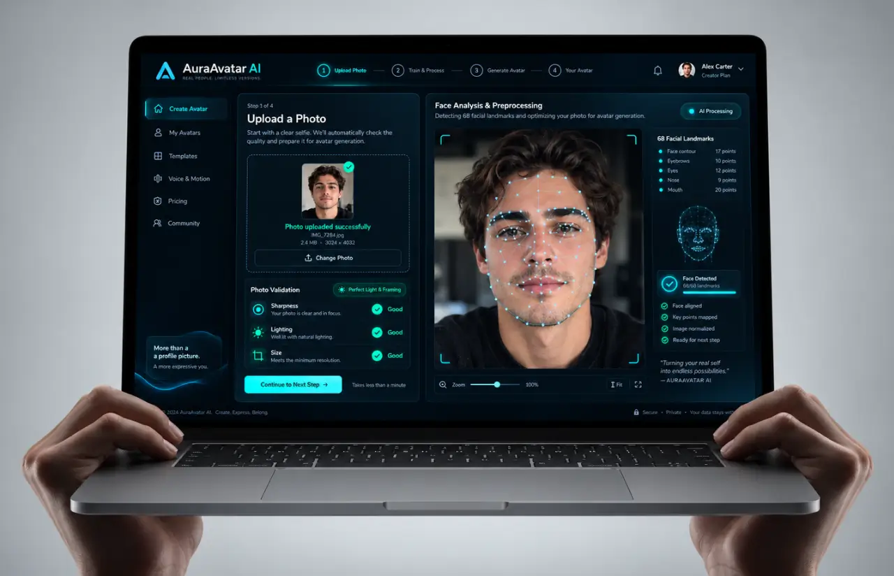 Laptop held in two hands showing step one of four: a selfie uploaded and validated for sharpness, lighting and size, next to a face analysis panel plotting 68 facial landmarks across contour, eyebrows, eyes, nose and mouth