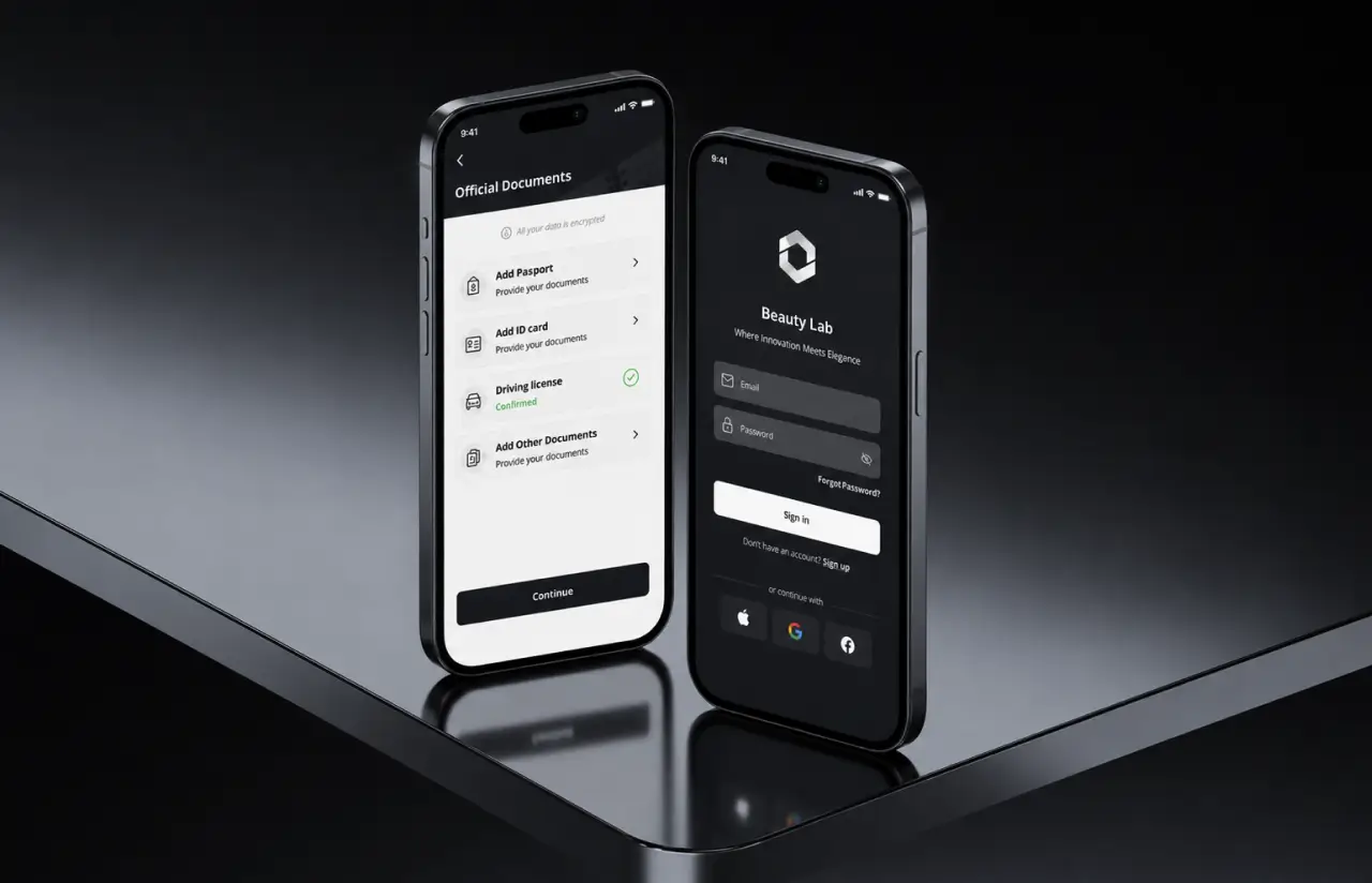 Two phones showing the patient app: the Official Documents screen with passport, ID card, driving licence confirmed and other documents to add, all marked as encrypted, next to the Beauty Lab sign-in screen with email, password and Apple, Google and Facebook options