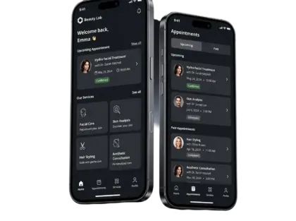 Two phones showing the Beauty Lab patient app: a home screen welcoming Emma with an upcoming confirmed Hydra Facial Treatment and service tiles for facial care, skin analysis, hair styling and aesthetic consultation, next to the appointments screen listing upcoming and past procedures with their statuses