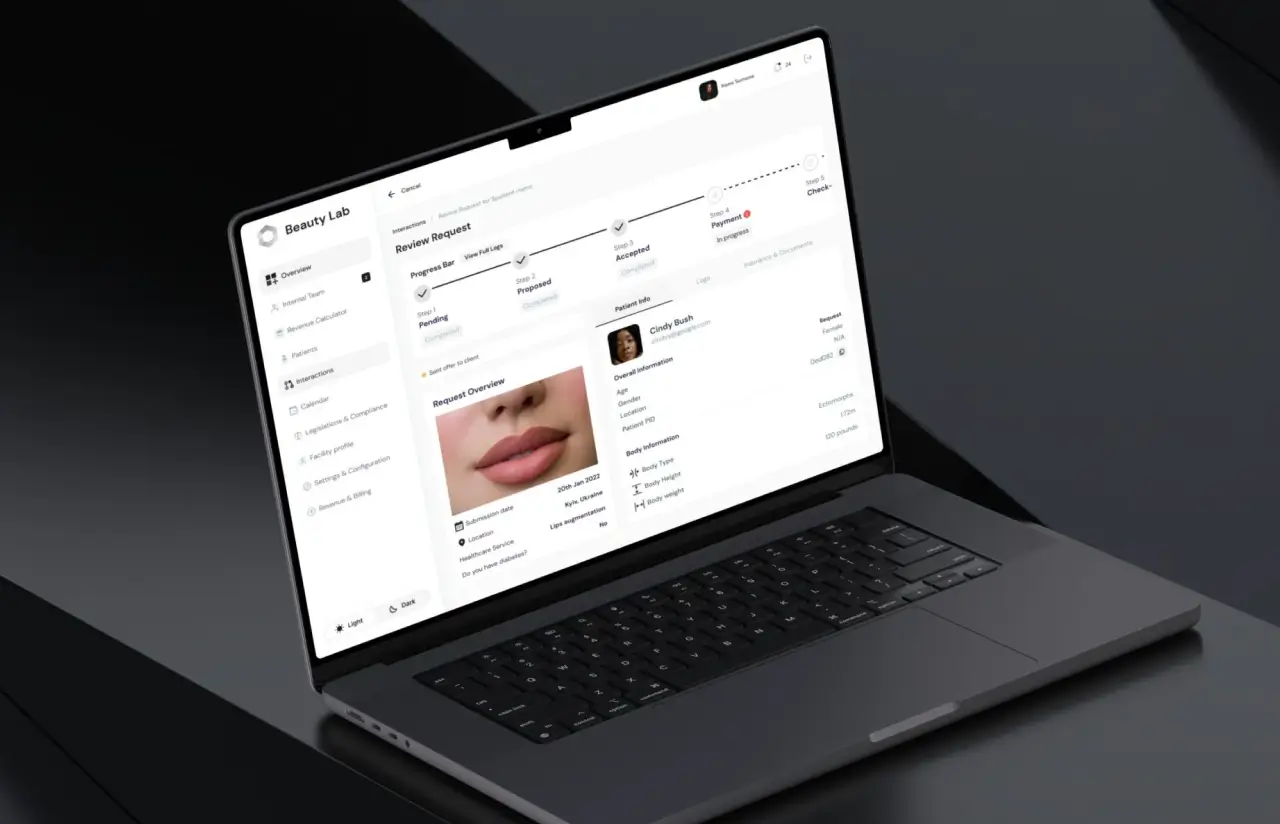 Laptop showing the facility dashboard reviewing a request: the five-step progress bar with Pending, Proposed and Accepted completed and Payment in progress, the request overview with submission date and location, and the patient info panel with overall and body information