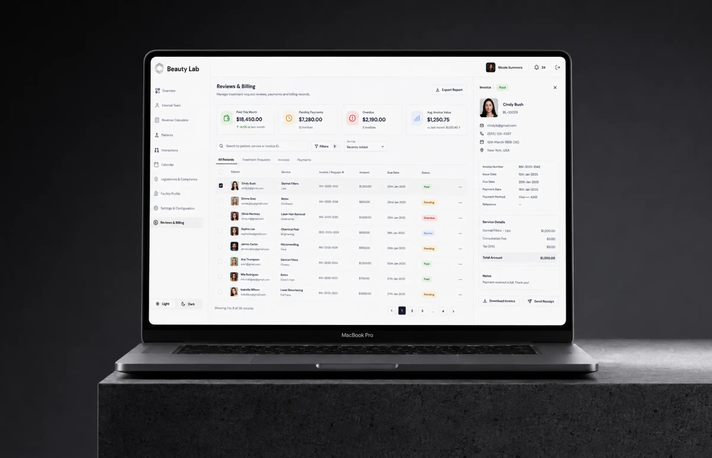 Laptop showing the Reviews & Billing dashboard: paid this month $18,450, pending payments $7,280, overdue $2,190 and average invoice value $1,250.75, a records table of treatment requests with amounts, due dates and paid, pending or overdue statuses, and an invoice panel for one patient