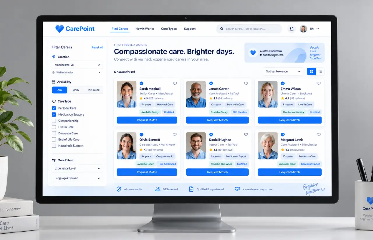 Monitor showing the CarePoint carer search: filters for location, availability and care type on the left, and six verified carer cards with photos, experience, ratings, specialisms and a Request Match button