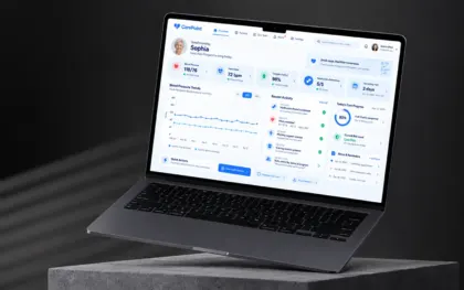 Laptop showing the CarePoint family dashboard: blood pressure 118/76, heart rate 72 bpm, oxygen 98%, medication adherence 5 of 5 and the next visit in two days, above a blood pressure trend chart, a recent activity feed and today's care progress at 80%