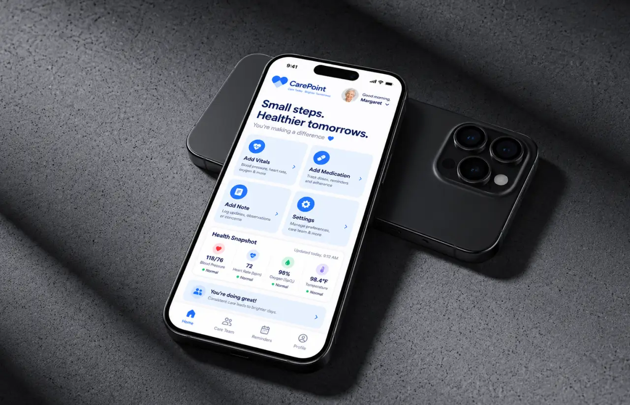 A phone showing the CarePoint home screen with four large shortcuts — add vitals, add medication, add note and settings — above a health snapshot of blood pressure, heart rate, oxygen and temperature, all marked normal