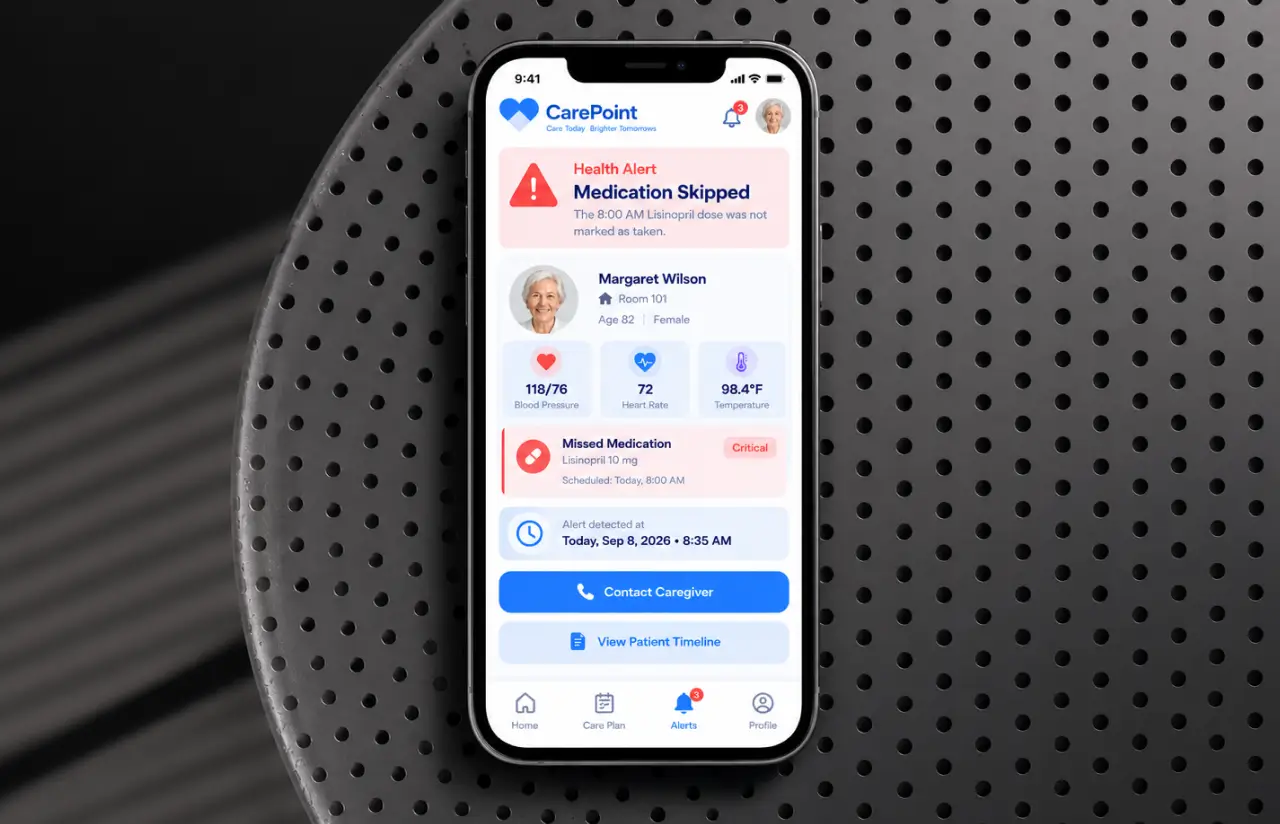 A phone showing a CarePoint health alert that the 8:00 AM Lisinopril dose was not marked as taken, with the patient's vitals, the missed medication marked critical, the time the alert was detected and buttons to contact the caregiver or view the patient timeline