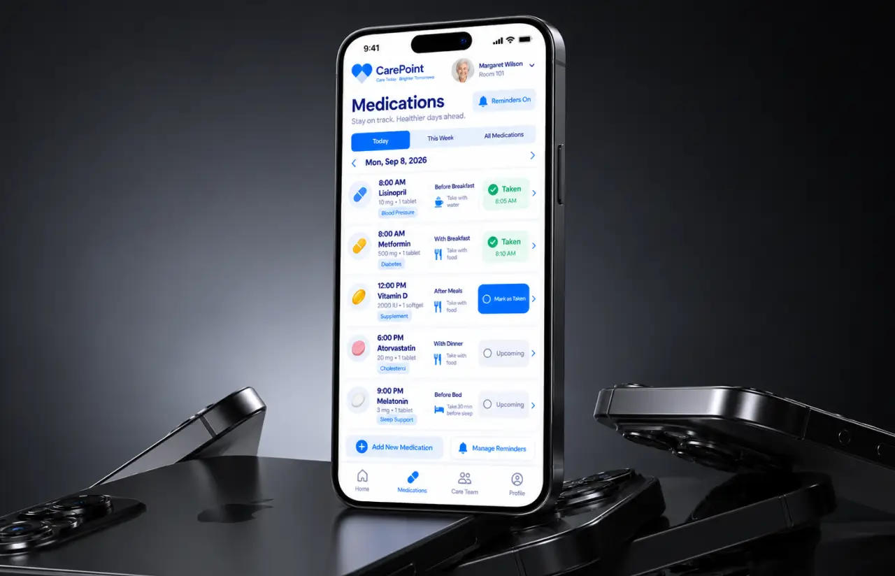 A phone showing the CarePoint medications screen for one day: Lisinopril and Metformin marked taken, Vitamin D waiting to be marked, and Atorvastatin and Melatonin upcoming, each with dose, timing and category