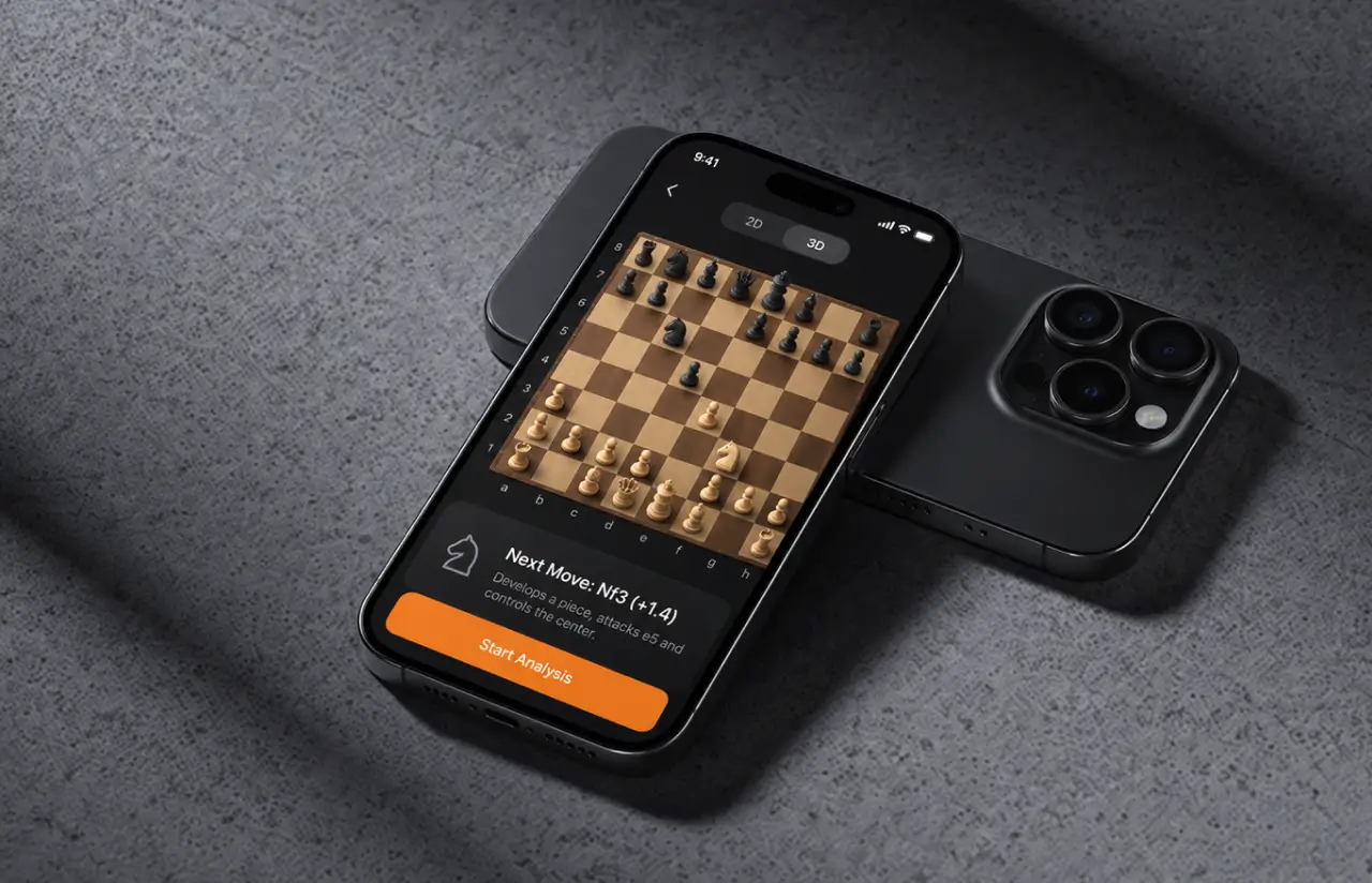 Detected position rendered as a 3D board on a dark background with the next move card and a start analysis button