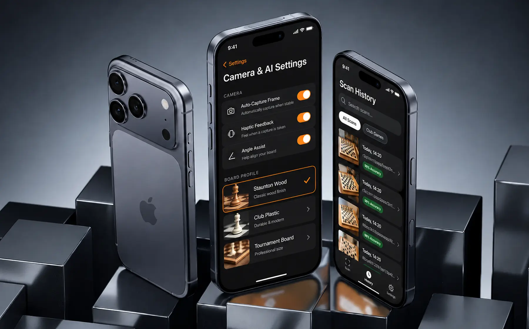 Camera and AI settings with auto-capture, haptic feedback and board profiles, next to a list of past board scans with accuracy badges