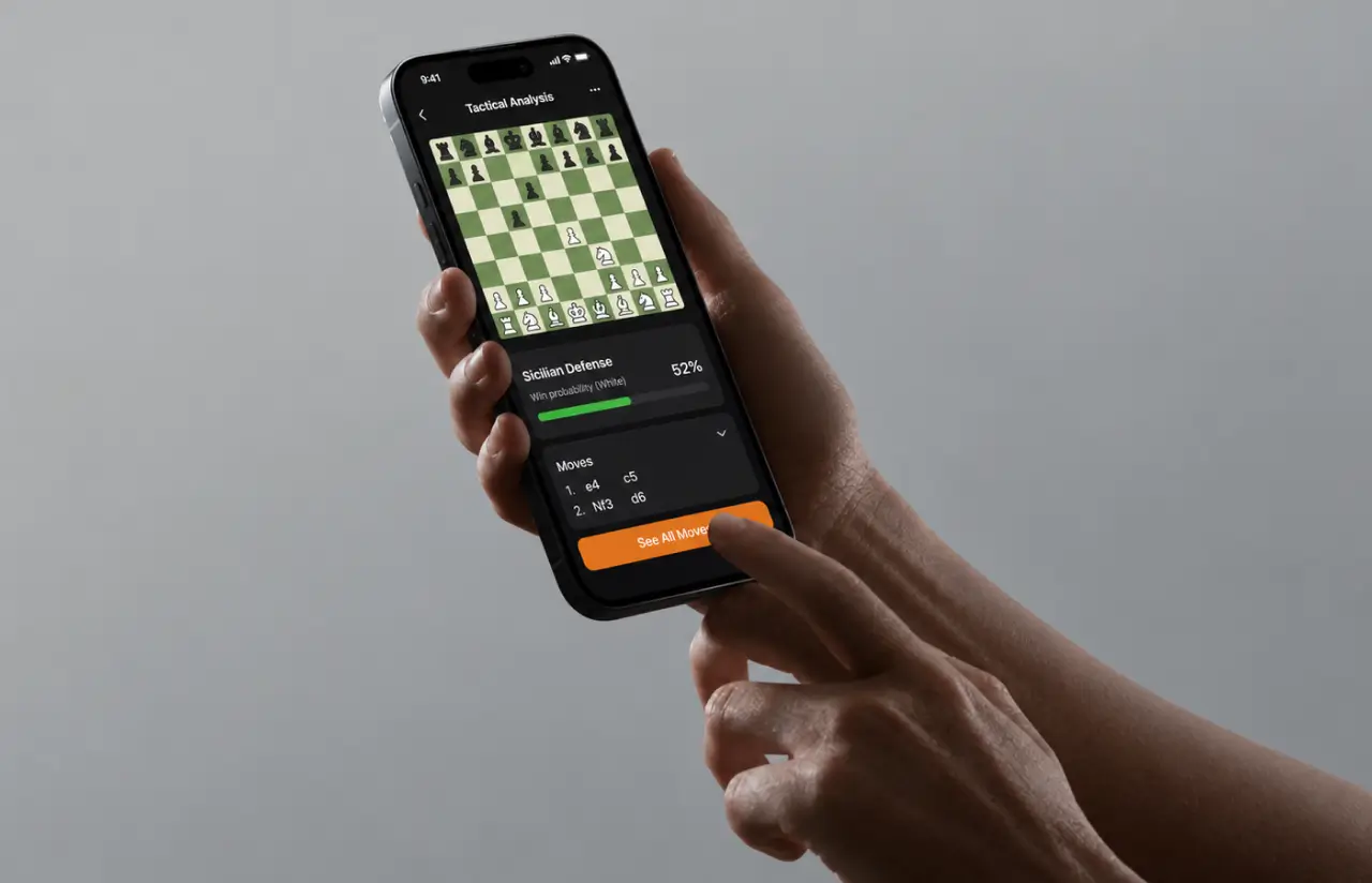 Phone in hand showing tactical analysis with a named opening, its win probability, a move list and a see all moves button