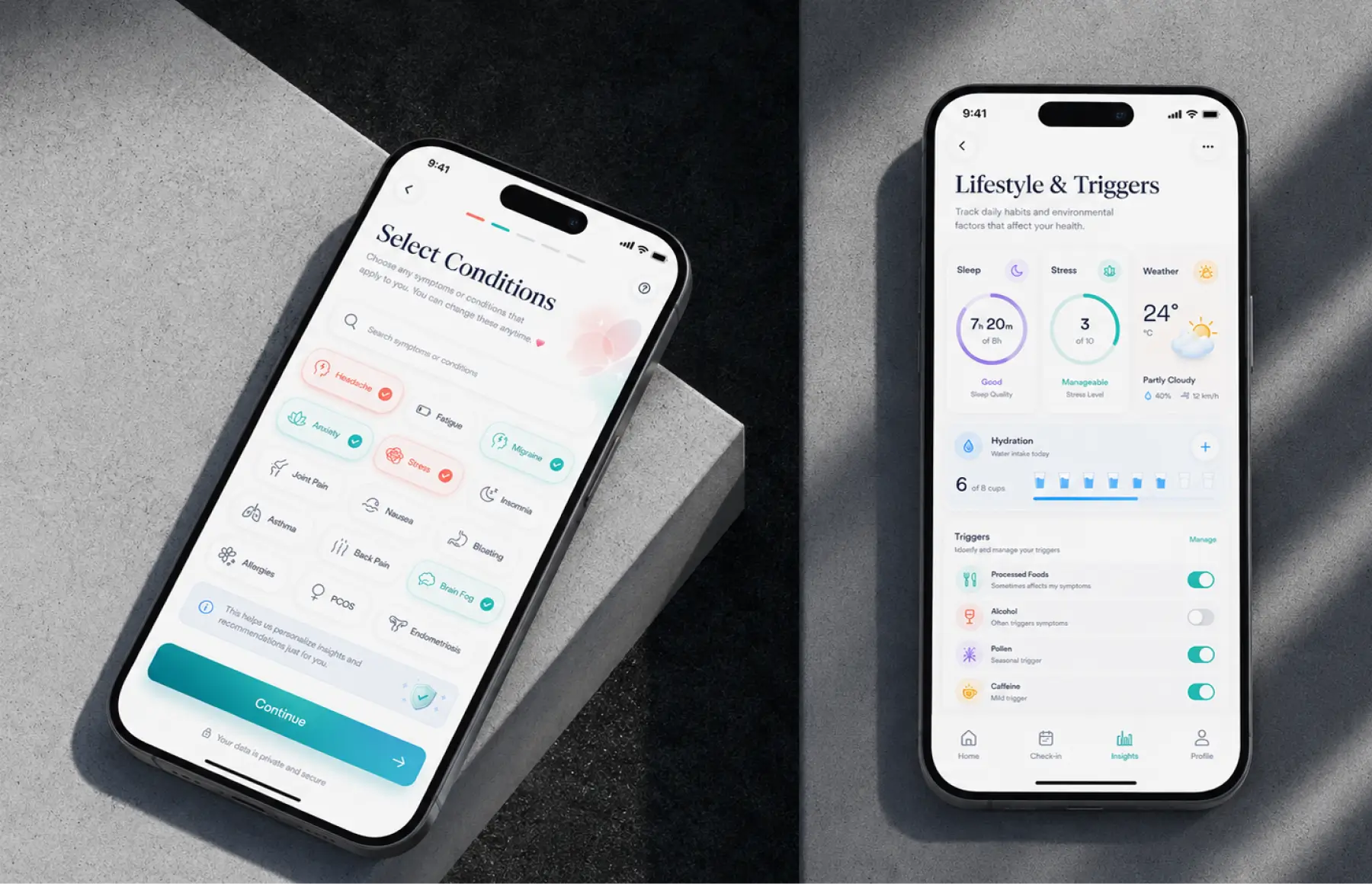 Two phones: a Select Conditions screen with a search field and chips for headache, anxiety, stress, migraine, fatigue, joint pain, insomnia, asthma, nausea, back pain, allergies, PCOS, brain fog and endometriosis, next to the Lifestyle & Triggers screen with sleep, stress and weather readings, hydration and trigger toggles