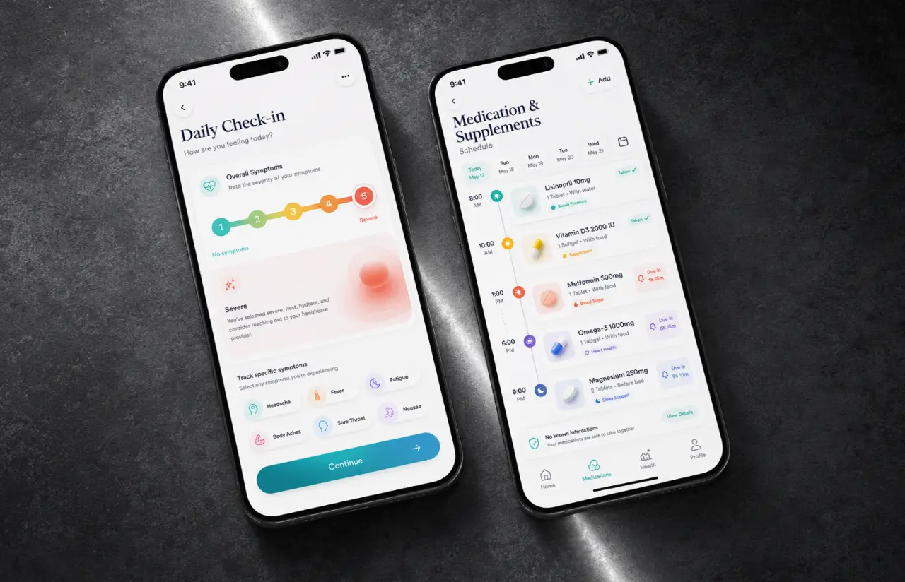 Two phones on a dark surface: the Daily Check-in screen with a five-step severity scale from no symptoms to severe, a severe state selected with advice to rest and contact a provider, and symptom chips for headache, fever, fatigue, sore throat, nausea and body aches, next to the medication schedule
