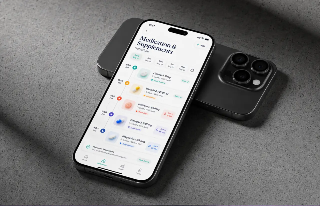 A phone on a concrete surface showing the Medication & Supplements schedule with five entries through the day, each with dose, instructions and a taken or due-in label, and a note that no known interactions were found
