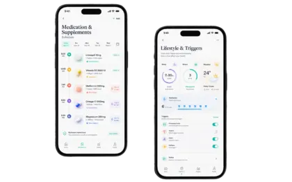 Two phones showing the chronic illness tracker: a Medication & Supplements schedule listing Lisinopril, Vitamin D3, Metformin, Omega-3 and Magnesium with times, doses and taken or due labels, next to a Lifestyle & Triggers screen with sleep, stress and weather cards, hydration count and toggles for processed foods, alcohol, pollen and caffeine