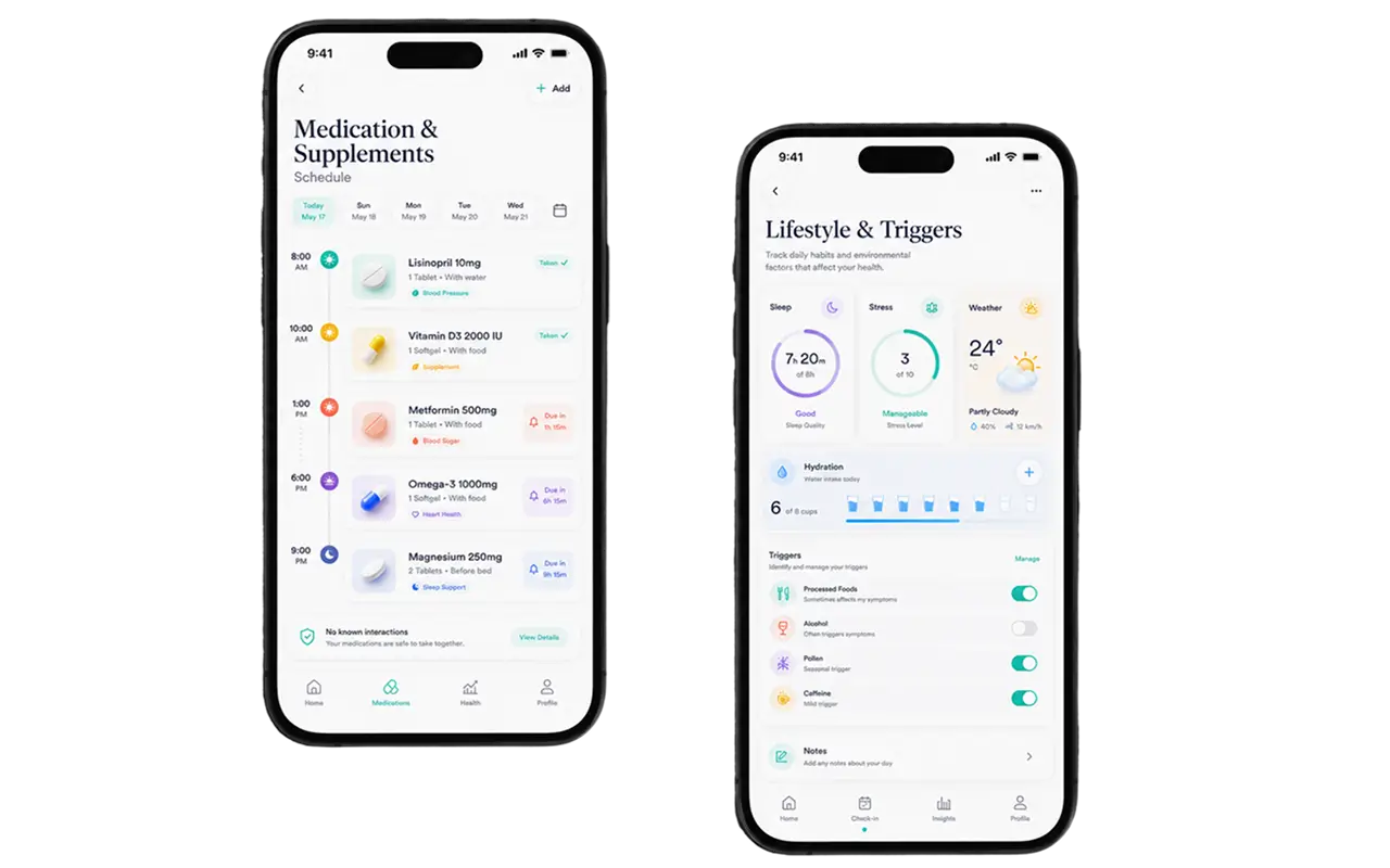 Two phones showing the chronic illness tracker: a Medication & Supplements schedule listing Lisinopril, Vitamin D3, Metformin, Omega-3 and Magnesium with times, doses and taken or due labels, next to a Lifestyle & Triggers screen with sleep, stress and weather cards, hydration count and toggles for processed foods, alcohol, pollen and caffeine
