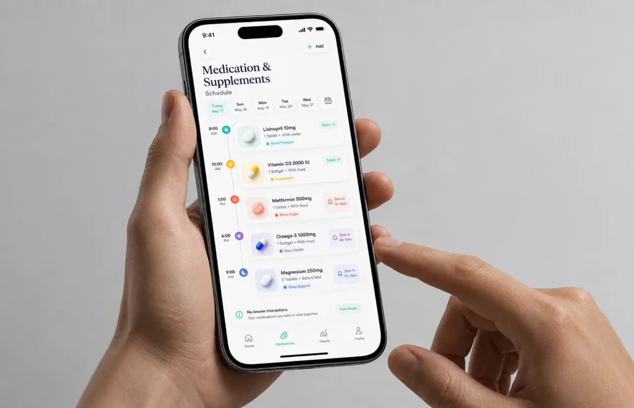 A phone held in two hands showing the Medication & Supplements schedule, with each medication card carrying its dose, timing and a coloured tag for blood pressure, supplement, blood sugar, heart health or sleep support
