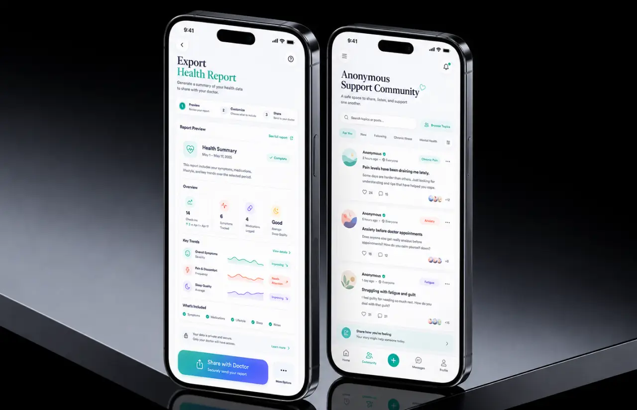Two phones: an Export Health Report screen previewing a health summary with check-ins, symptoms tracked, medications logged and key trends for overall symptoms, pain and sleep quality, with a Share with Doctor button, next to an Anonymous Support Community feed with posts about pain levels, anxiety before appointments and fatigue