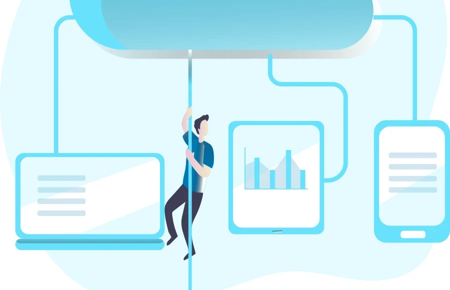 Illustration of a cloud linked to a laptop, a tablet with a chart and a phone, with an engineer climbing the connection line