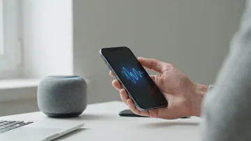 A hand holds a phone showing a glowing voice waveform next to a smart speaker on a desk.