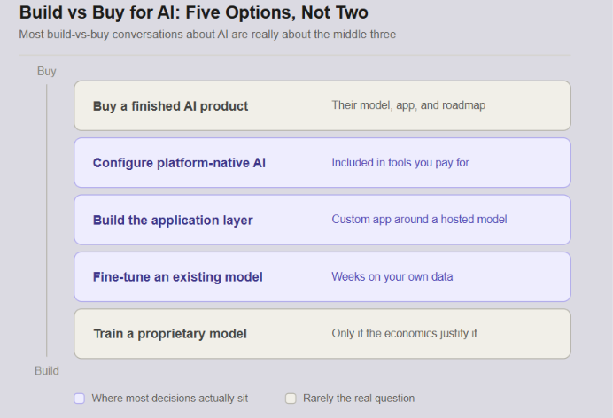 Infographic 'Build vs Buy for AI: Five Options' — from buying a finished product to training a proprietary model.