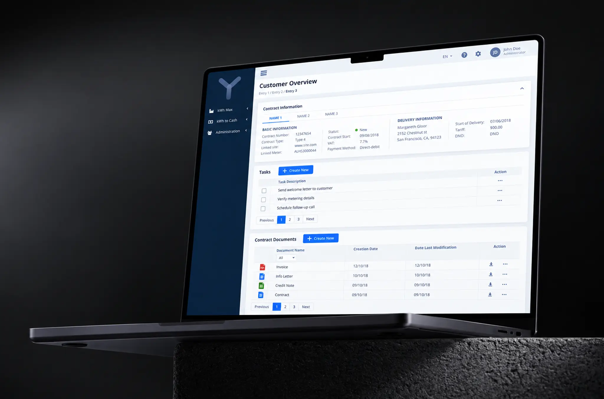 Laptop on a dark stand showing a customer overview: contract information, delivery details and tariff, a task list and contract documents with dates