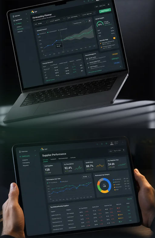 Forecasting Planner demand forecast dashboard on a laptop and a supplier performance dashboard on a tablet