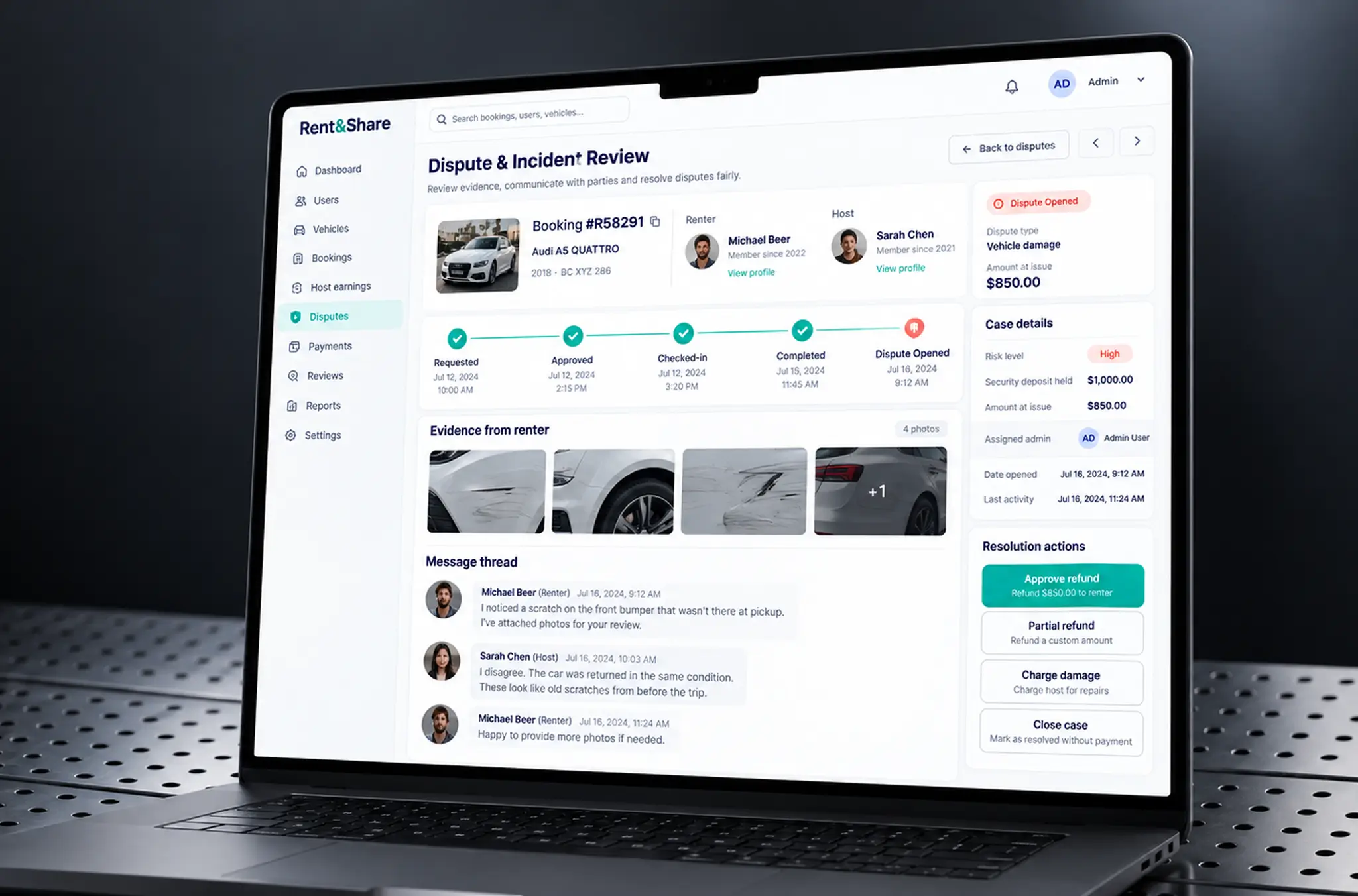 Laptop showing a dispute review for one booking: the trip timeline, renter and host, photo evidence of damage, the message thread and resolution actions such as approving a refund or charging for damage