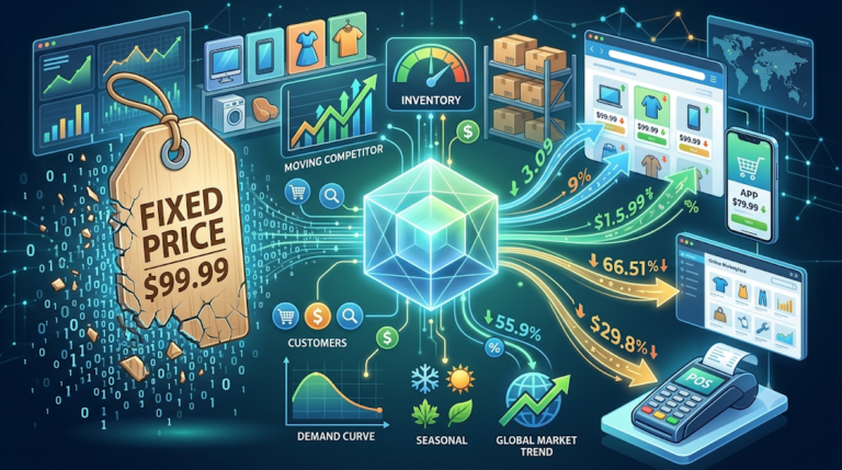 Illustration of ecommerce dynamic pricing: a cracked $99.99 fixed-price tag giving way to data-driven prices flowing to online stores, a mobile app, a marketplace and a POS terminal, driven by inventory, competitor, demand-curve, seasonal and global-market-trend signals.