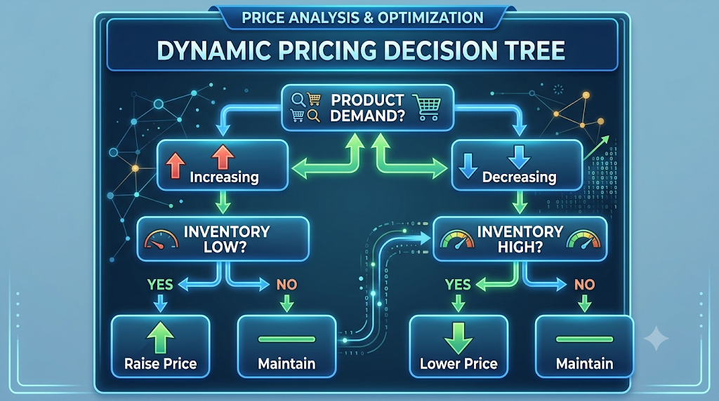 Dynamic pricing decision tree: if product demand is increasing and inventory is low, raise the price; if demand is decreasing and inventory is high, lower the price; otherwise maintain it.